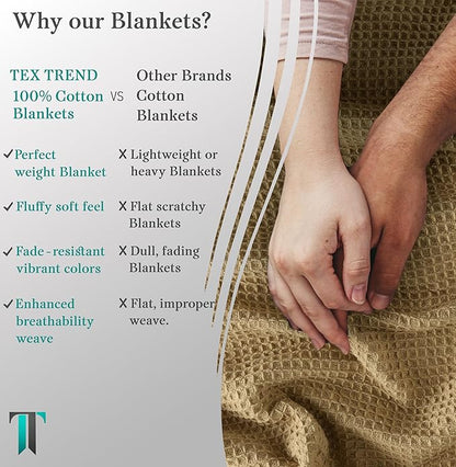 Tex Trend Waffle Blanket – 100% Cotton Blankets Queen Size – Breathable and Soft for Christmas – Suitable for Bed Layering, Sofa & Couch - Khaki (90”x90”)
