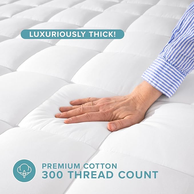 Bare Home Queen Mattress Topper Cotton Top - Plush Topper for Mattress - Fitted Mattress Cover - Cooling Breathable Air Flow - 8" to 21" Deep Pocket - Soft Mattress Pad (Queen, White)