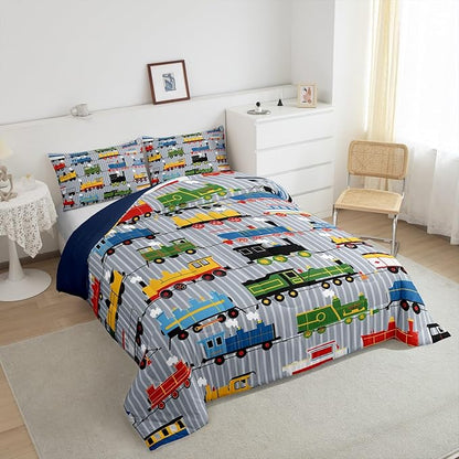 Erosebridal Boys Comforter Set Twin Size Train Bedding, Colorful Steam Engine Truck Bedding Comforter Sets for Kids Girls Toddler Train Transportation Quilted Duvet 2Pcs,Gray, Blue, Red, Yellow