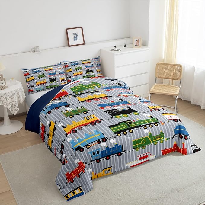 Erosebridal Boys Comforter Set Toddler Size Train Bedding, Colorful Steam Engine Truck Bedding Comforter Sets for Kids Girls Toddler Train Transportation Quilted Duvet 2Pcs,Gray, Blue, Red, Yellow