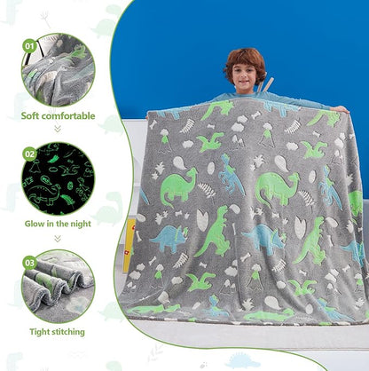 QSTEHEML Dinosaur Glow in The Dark Blanket,Dinosaur Gifts for Boys Age 3 4 5 6 7 8 9 10 11 12 Year Old, Soft Throw Blanket for Kids - Christmas Birthday Bedroom Decor 50"×60"