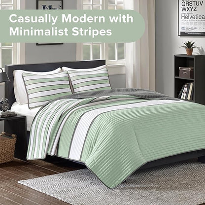 Comfort Spaces Twin Quilt Set Trendy Casual Fun, Vibrant Color Stripes Design, All Season Lightweight Coverlet Bedspread Twin Size Kids Bedding & Sham, Verone, Twin/Twin XL, Sage Green, 2 Piece