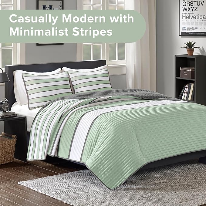 Comfort Spaces Queen Quilt Set Trendy Casual Fun, Vibrant Color Stripes Design, All Season Lightweight Coverlet Bedspread Queen Size Bedding & Shams, Verone, Full/Queen, Sage Green, 3 Piece