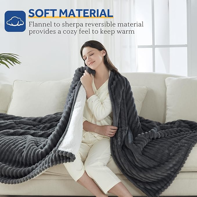Sealy Electric Blanket Full Size, Soft Ribbed Flannel to Sherpa Reversible Heated Blanket with 10 Heat Settings & 1-12 Hours Auto-Off Overheat Protection, Machine Washable, 72"x84" Charcoal