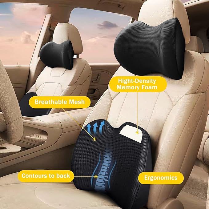 SPRFUFLY Car Headrest Lumbar Support Pillow, 100% Memory Foam Lumbar Pillow with Breathable Removable Cover, Ergonomic Design -Neck Back Pillow Lumbar Support Pillow for Car Seat (Backsaver-One)