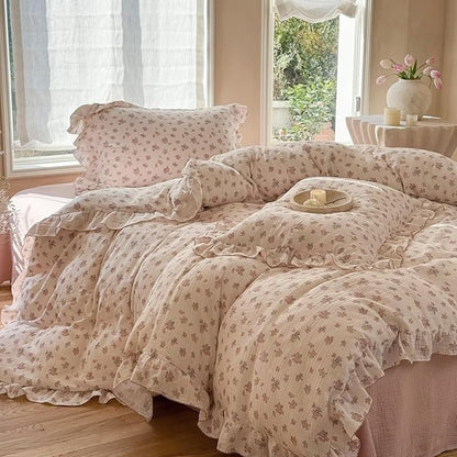 BuLuTu Girls Floral Duvet Cover Set Full, Pink Tuberose Print Quilt Cover for Kids Toddler Teens, Soft Breathable Muslin Cotton Comforter Cover for All Seasons, Zipper & Corner Ties