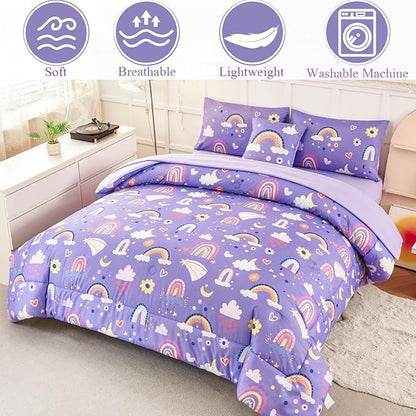 ANGIYUIN Purple Kids Full Size Bedding Set Colorfurl Rainbow and Clouds Girls Bed in A Bag with Sheets Cartoon Saleboat Stars Kid Bed Set for Girl Soft Microfiber Comforter Set, Purple, Full