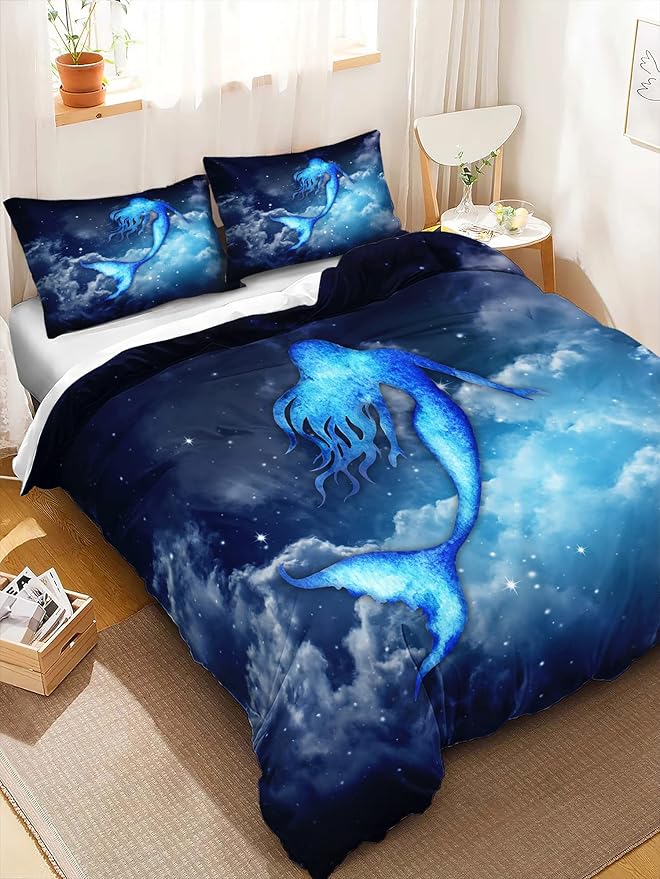 CVHOUSE Mermaid Duvet Cover Full Size,Sky Cloud Bedding Set for Girls Kids Teens,Mermaid Comforter Cover,1 2 Pillowcases 3 Piece Full 79'x89'