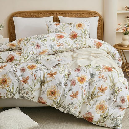 100% Cotton Duvet Cover King Size – Elegant Natural Yellow Floral Duvet Cover Set with Zipper Closure, 3-Piece Soft Breathable Durable Percale Cotton Bedding Set for All Seasons
