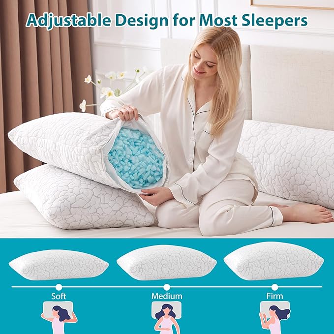 Cooling Pillows for Sleeping 1 Pack, Queen Size Adjustable Shredded Memory Foam Pillows, Firm Bed Pillows for Side, Back, Stomach, Hot Sleepers, Cold Pillow with Removable Washable Cover