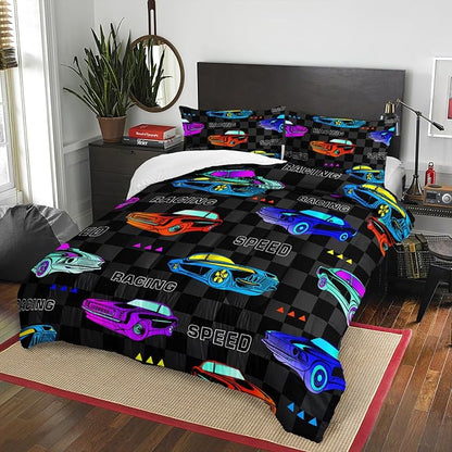 AILONEN Kids Cartoon Car Comforter Set, Full Size, Colorful Bedding Set for Kids Boys, Cool Speed Race Car Bed in a Bag, 3 Pcs, 1 Quilt and 2 Pillowcases, Soft Microfiber