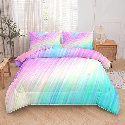 Bodhi Pink Queen 3PCS Rainbow Bedding Set with Pillowcase, Tie Dye Kids Bedding Set for Girls, Queen Comforter Set
