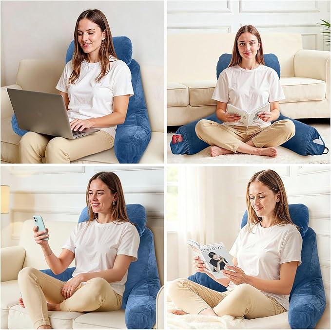 Reading Pillow for Sitting in Bed Adult, Bed Pillow with Shredded Memory Foam, 25''H Pillow with Detachable Neck Roll, Washable Cover, Sitting Up with Extend Arms, Navy