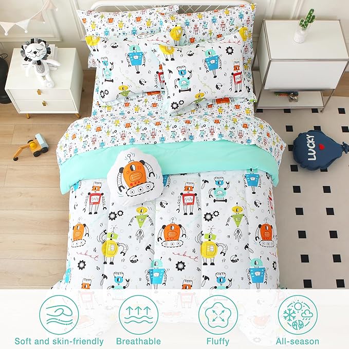 Mooreeke Full Size Comforter Sets for Boys Kids, 8 Pieces Bed in a Bag White Robot Bedding Comforter Sheet Set with Shams and Decorative Toy Pillow, Ultral Soft Microfiber Kids Bed Set