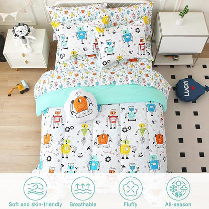 Mooreeke Full Size Comforter Sets for Boys Kids, 8 Pieces Bed in a Bag White Robot Bedding Comforter Sheet Set with Shams and Decorative Toy Pillow, Ultral Soft Microfiber Kids Bed Set