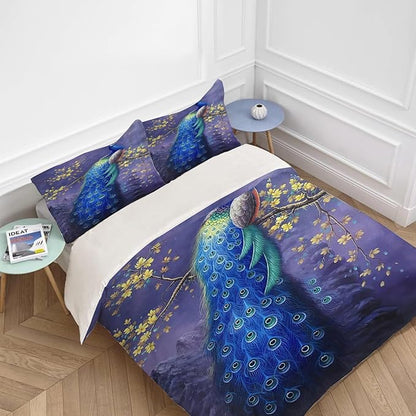 Peacock Theme 3 Pieces Duvet Cover Comforter Set with 2 Pillowcase Full Size Purple Peacock Bed Sheet Quilt Bedroom Bedding for Lover Kids
