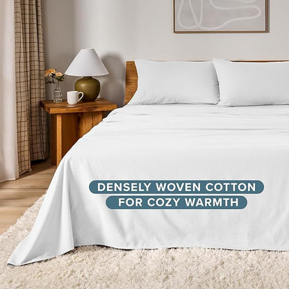 Bare Home Flannel Sheet Set 100% Cotton, Velvety Soft Heavyweight - Double Brushed Flannel - Deep Pocket (Full, White)