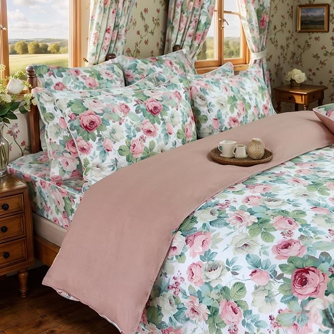 FADFAY Duvet Cover Set Full Pink Rose Floral Bedding French Country Peony Flower Quilt Cover Set Vintage Farmhouse Bedding 100% Cotton Soft Comforter Cover with Hidden Zipper Closure 3Pcs, Full Size