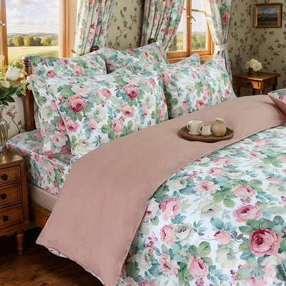 FADFAY Duvet Cover Set Full Pink Rose Floral Bedding French Country Peony Flower Quilt Cover Set Vintage Farmhouse Bedding 100% Cotton Soft Comforter Cover with Hidden Zipper Closure 3Pcs, Full Size