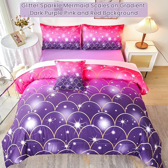 URBONUR Pink Purple Comforter Set Full Size for Girls 6 Piece Bed-in-a-Bag Glitter Mermaid Kids Bedding with Sheets