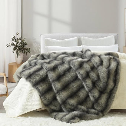 HORIMOTE HOME Luxury Faux Fur Throw Blanket, Non-Shedding 60"x80" Fur Blanket Throw, Ultra Soft Blankets for Bed, Couch and Sofa, Premium Soft, Thick Fluffy Throws, Grey Black Stripes