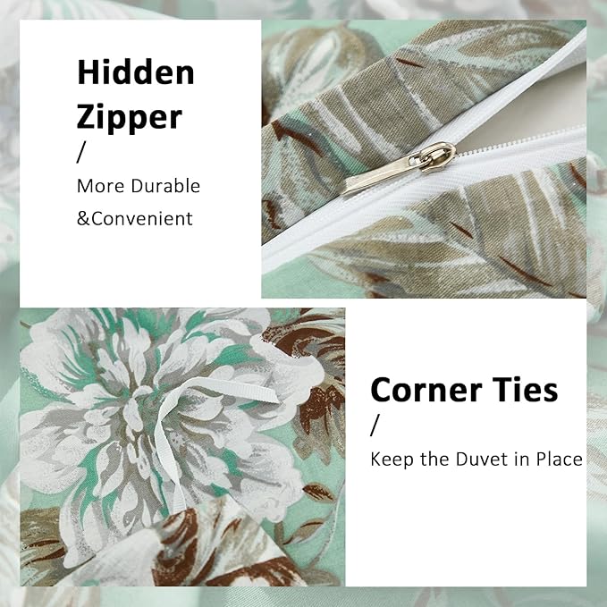 Floral Duvet Cover King Size Soft 100% Nature Cotton Vintage Style Green Bedding Set with Zipper Closure 3 Pcs Cottagecore Botanical Duvet Covers, Ultra Soft, Breathable