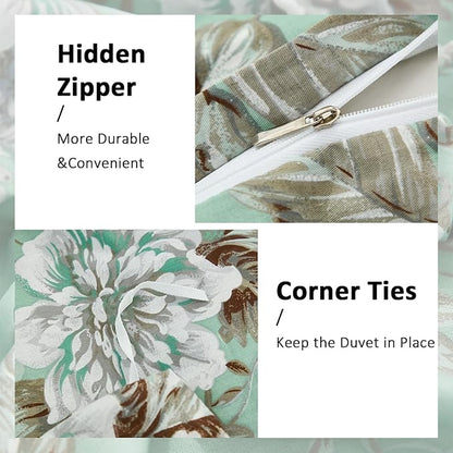 Floral Duvet Cover King Size Soft 100% Nature Cotton Vintage Style Green Bedding Set with Zipper Closure 3 Pcs Cottagecore Botanical Duvet Covers, Ultra Soft, Breathable