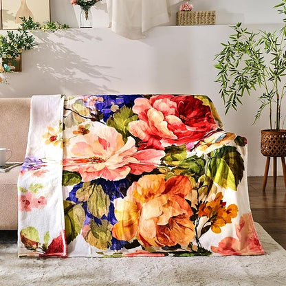 Floral Throw Blanket Birthday Gift for Women Mom Girls Paintings Flowers Blanket Summer Wildflower Flannel Blanket Watercolor Printed Throw for Couch Sofa Bed Chair 60"x80"