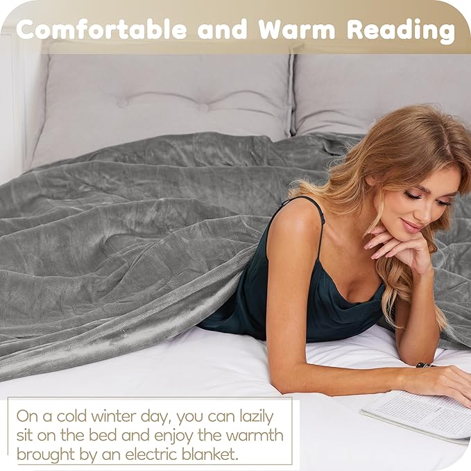 Electric Heated Blanket Twin Size 62×84, Breathable & Luxurious Flannel,Soft Warm Gift with Over-Heat Protection,4 Heating Levels & 10 H Auto Shut Off, Machine Washable, Light Grey