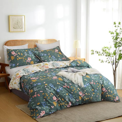 Floral Duvet Cover Queen Size Vintage Floral On Green Bedding Set 3 Pieces Women Men Romantic Pink Blue Flower Ultra Soft Reversible Fall Duver Cover with 2 Pillowcases