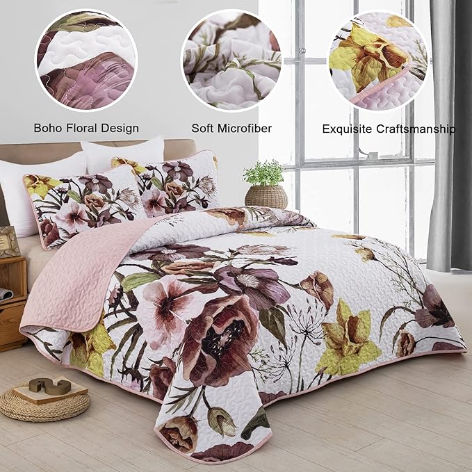 Drucon Floral Quilt Set Queen 3 Pieces Boho Blush Quilt Coverlet Set Soft Microfiber Lightweight Colorful Floral Quilted Bedspread for All Season 90"x96"