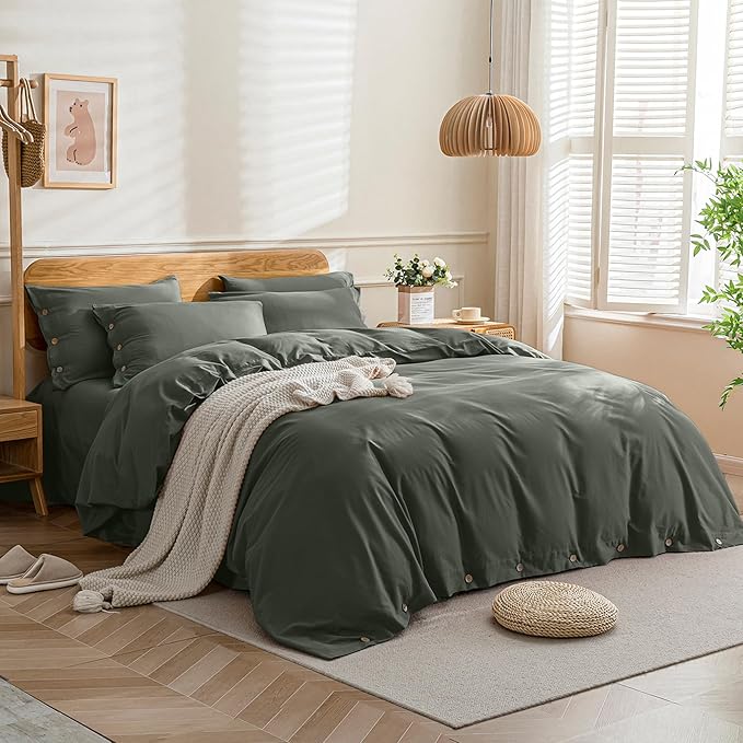 JELLYMONI Cotton Duvet Cover Full Size - Gray Comforter Cover with Button 100% Washed Cotton 3PCS Breathable Soft Solid Bedding Set Duvet Cover 80×90in & 2 Pillowcases (NO Comforter)