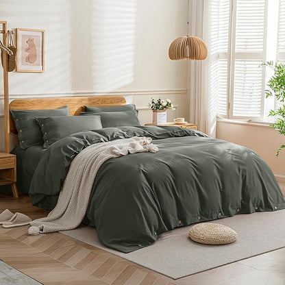 JELLYMONI Cotton Duvet Cover Full Size - Gray Comforter Cover with Button 100% Washed Cotton 3PCS Breathable Soft Solid Bedding Set Duvet Cover 80×90in & 2 Pillowcases (NO Comforter)