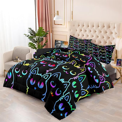 Cat Comforter Set for Girls Room-Colorful Cartoon Cats Bedding Bedroom Room Decor Ultra Soft All-Season with 1 and 2 Pillowcases,Queen Size