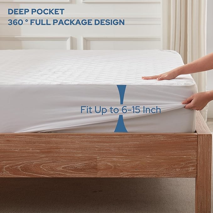 BEDLORE 2 Pack Waterproof Mattress Protector, Twin XL Size Mattress Pad with Deep Pocket Fitted Up to 6-15 inches, Soft Noiseless Single Bed Mattress Cover for Bedroom (White)