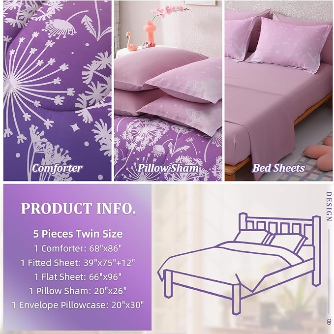 Menghomeus Girls Comforter Set Twin Size 5 Pieces Bed in A Bag Ombre Purple Pink Bedding Set Dandelion Butterfly Print Kids Bedding Collections