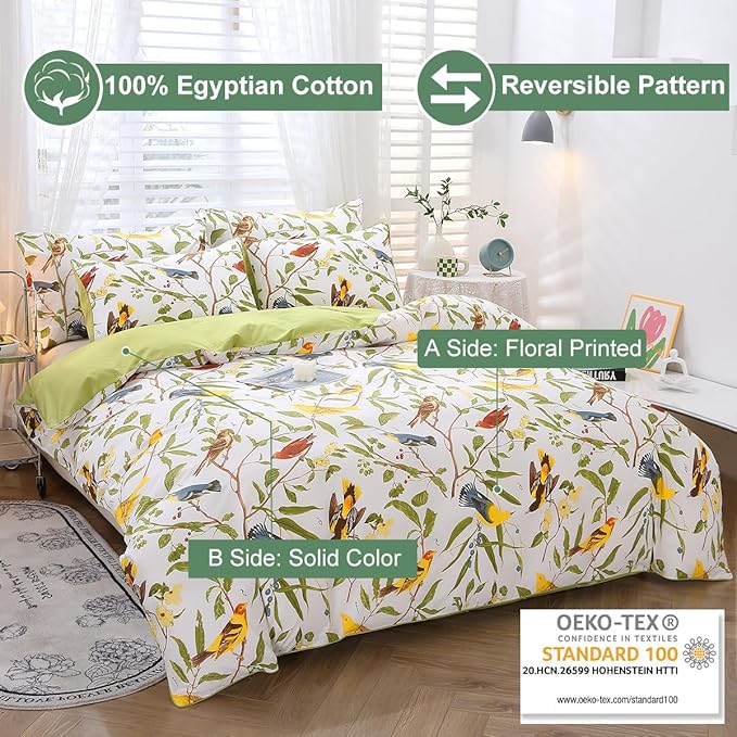 URBONUR Duvet Cover Full Size - 100% Cotton Leaves Birds Floral Full Bedding Set Soft & Breathable Green Comforter Cover with 2 Pillowcases, Button Closure Corner Ties