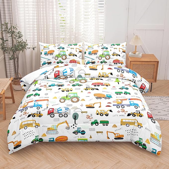 Peopleareok Cartoon Car Kids Comforter Set Queen (90x90 Inch), 3 Pieces Construction Excavator Tractor Bedding Sets for Boys Toddler Children, Super Soft Microfiber Comforter with 2 Pillowcase