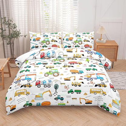Peopleareok Cartoon Car Kids Comforter Set Queen (90x90 Inch), 3 Pieces Construction Excavator Tractor Bedding Sets for Boys Toddler Children, Super Soft Microfiber Comforter with 2 Pillowcase