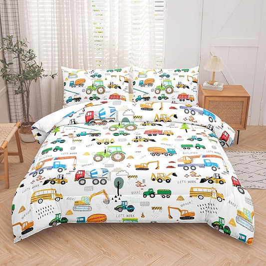 Peopleareok Construction Comforter Set Full (79x90 Inch), 3 Pieces Construction Excavator Tractor Bedding Sets for Boys Toddler Children, Super Soft Microfiber Comforter with 2 Pillowcase