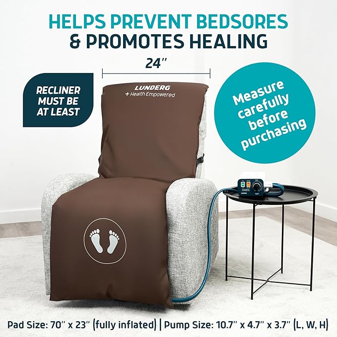 Lunderg Alternating Air Pressure Pad for Recliner Chair - Pressure Relief Cushion Topper for Recliner - Bed Sore Prevention - Medical Grade Mattress Pad, Cover & Quiet Pump - Home or Hospital (Coffee)