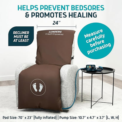Lunderg Alternating Air Pressure Pad for Recliner Chair - Pressure Relief Cushion Topper for Recliner - Bed Sore Prevention - Medical Grade Mattress Pad, Cover & Quiet Pump - Home or Hospital (Coffee)