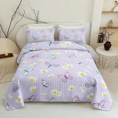 QOOMO Daisy Butterfly Quilt Set Twin Size,Purple Butterfly Bedspread Coverlet Set,Butterflies 3Pcs Bedding Set Printed Quilt with 2 Pillowcases,Soft and Lightweight,for All Seasons
