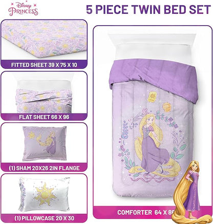Jay Franco Kids Comforter Set Includes Sheets and Pillow Covers - Soft and Cozy Bed Set for Stylish Room Decor, Purple - Disney Princess Rapunzel, 5 Piece Twin Size Bedding