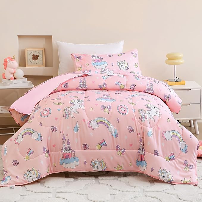 Twin Comforter Set for Kids, Boys, Girls, 4 Pieces Bed-in-a-Bag Bedding Set, All Season Ultra Soft Sheets Set with Comforter, Pink Unicorn