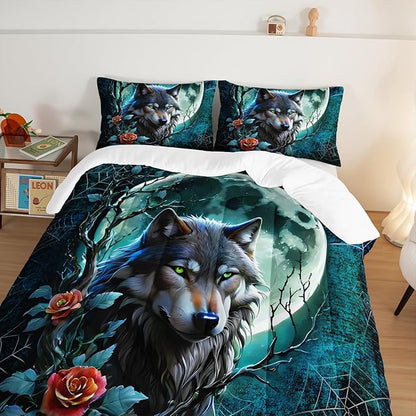 Wildlife Themed Bedding Wolf Comforter Set,Spooky Spider Web Vine Print Comforter King Kids Bed in a Bag,Moonlight Aesthetic Bedding Sets for Boys Teens Room Decor with 2 Pillowcases.
