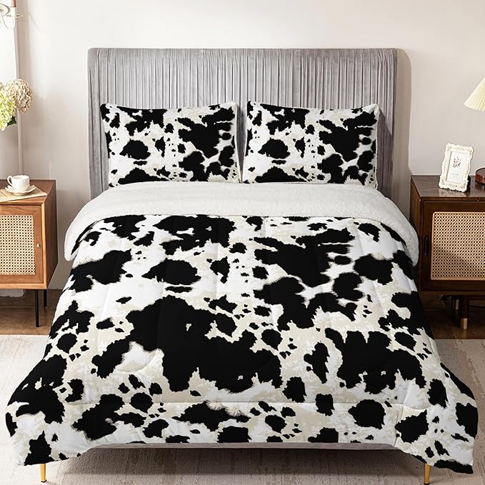 QOOMO Cow Stripes Sherpa Fleece Bedding Comforter Set Full Size 3 Pcs, Fluffy Warm Animal Texture Printing Comforter for Winter with 2 Pillow Shams, Flannel Thick Bedding Set