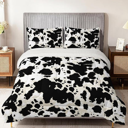 QOOMO Cow Stripes Sherpa Fleece Bedding Comforter Set Full Size 3 Pcs, Fluffy Warm Animal Texture Printing Comforter for Winter with 2 Pillow Shams, Flannel Thick Bedding Set