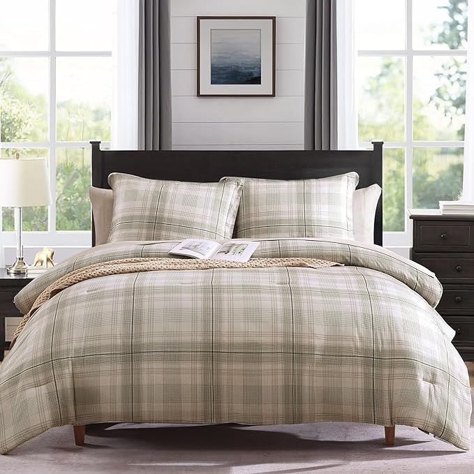 MaiRêve Plaid Twin XL Comforter Set, Khaki Green Grid Bedding Set for Boys & Girls, Classic Checkered Bed in A Bag Comforter Sets with Fitted & Flat Sheet, Pillowcase & Sham 66"x90"
