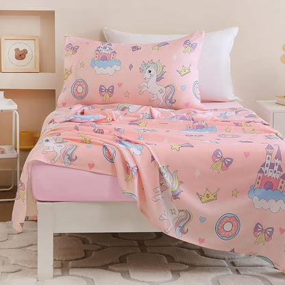 Twin Comforter Set for Kids, Boys, Girls, 4 Pieces Bed-in-a-Bag Bedding Set, All Season Ultra Soft Sheets Set with Comforter, Pink Unicorn